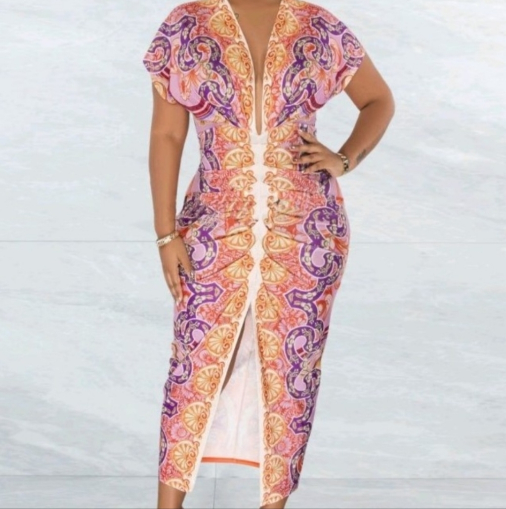 Elegant Pink  Purple Printed Midi Dress